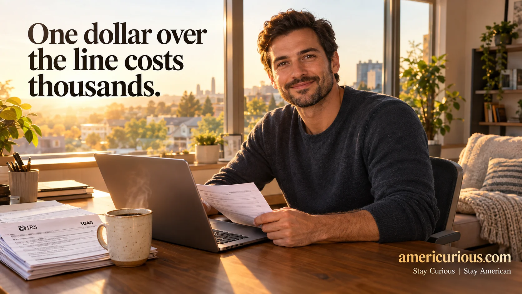 A calm self-employed professional reviewing health insurance documents at a sunlit home desk, illustrating the 2026 ACA subsidy cliff and self-employed health insurance deduction strategies at americurious.com