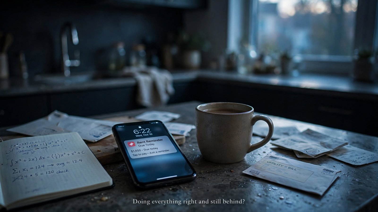 6:22 a.m. kitchen light, phone glowing with the $1,850 rent reminder, cold coffee and utility bills scattered, no faces, just that validation moment. I kept the overlay in soft serif: “Doing everything right and still behind?