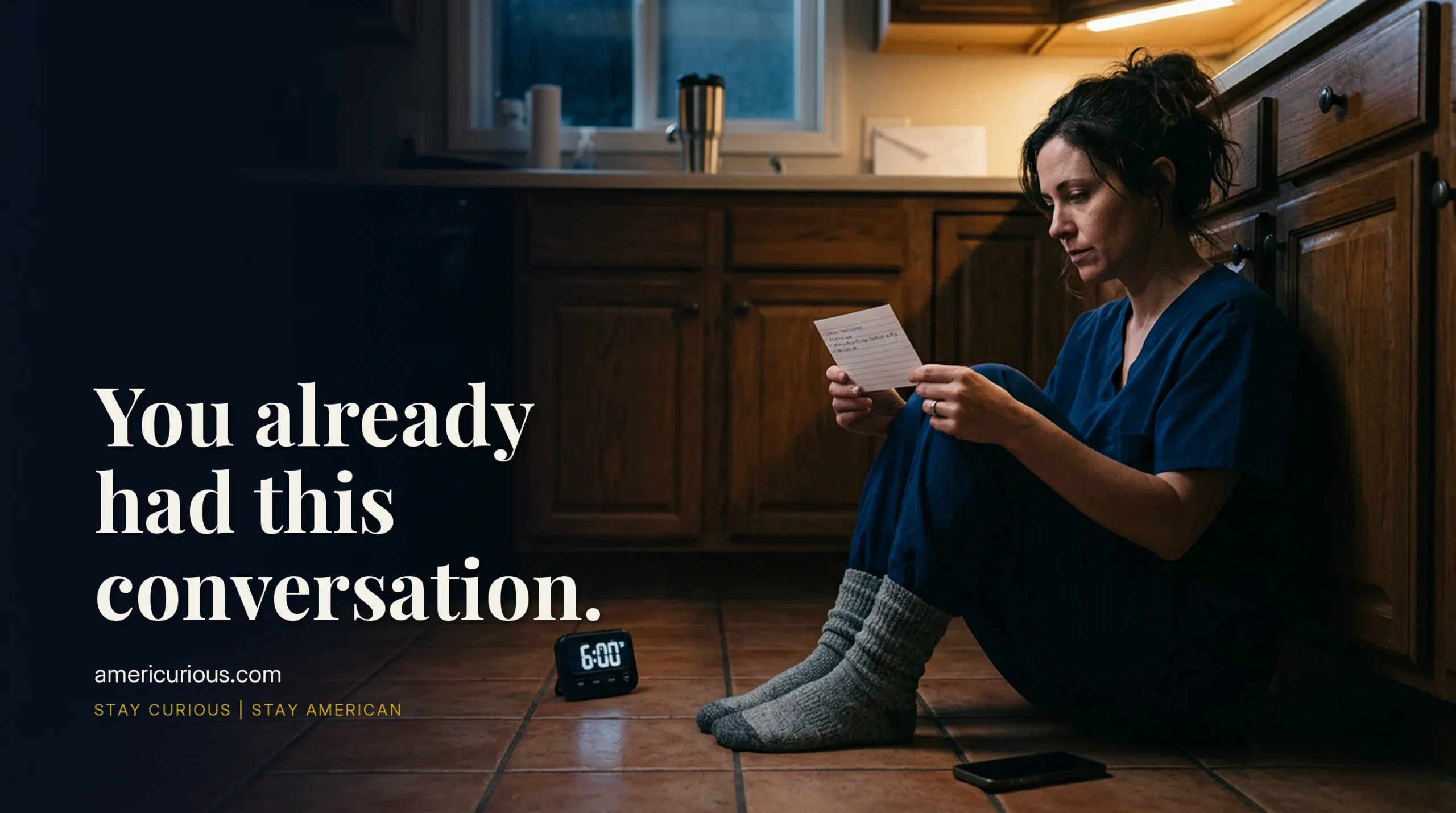 A charge nurse in scrubs sits on her kitchen floor at midnight holding an index card, a six-minute timer glowing beside her — americurious.com