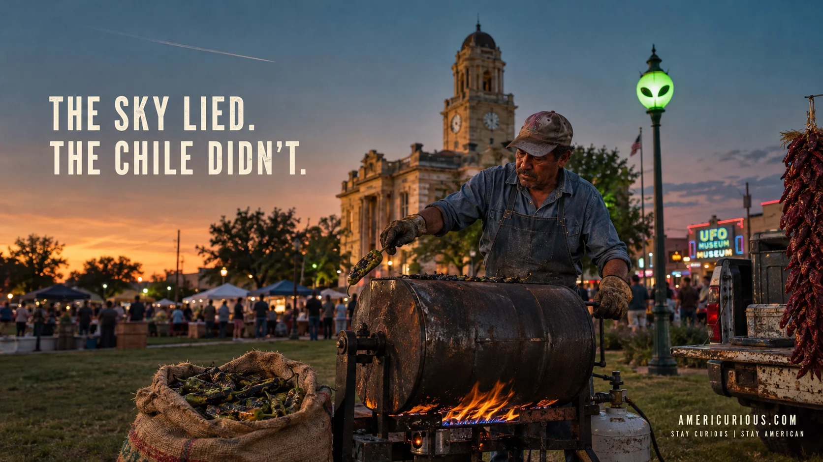 A chile roaster tends a flame-lit drum of green chile on the courthouse lawn in Roswell, New Mexico at dusk, an alien-eyed streetlamp glowing green behind him