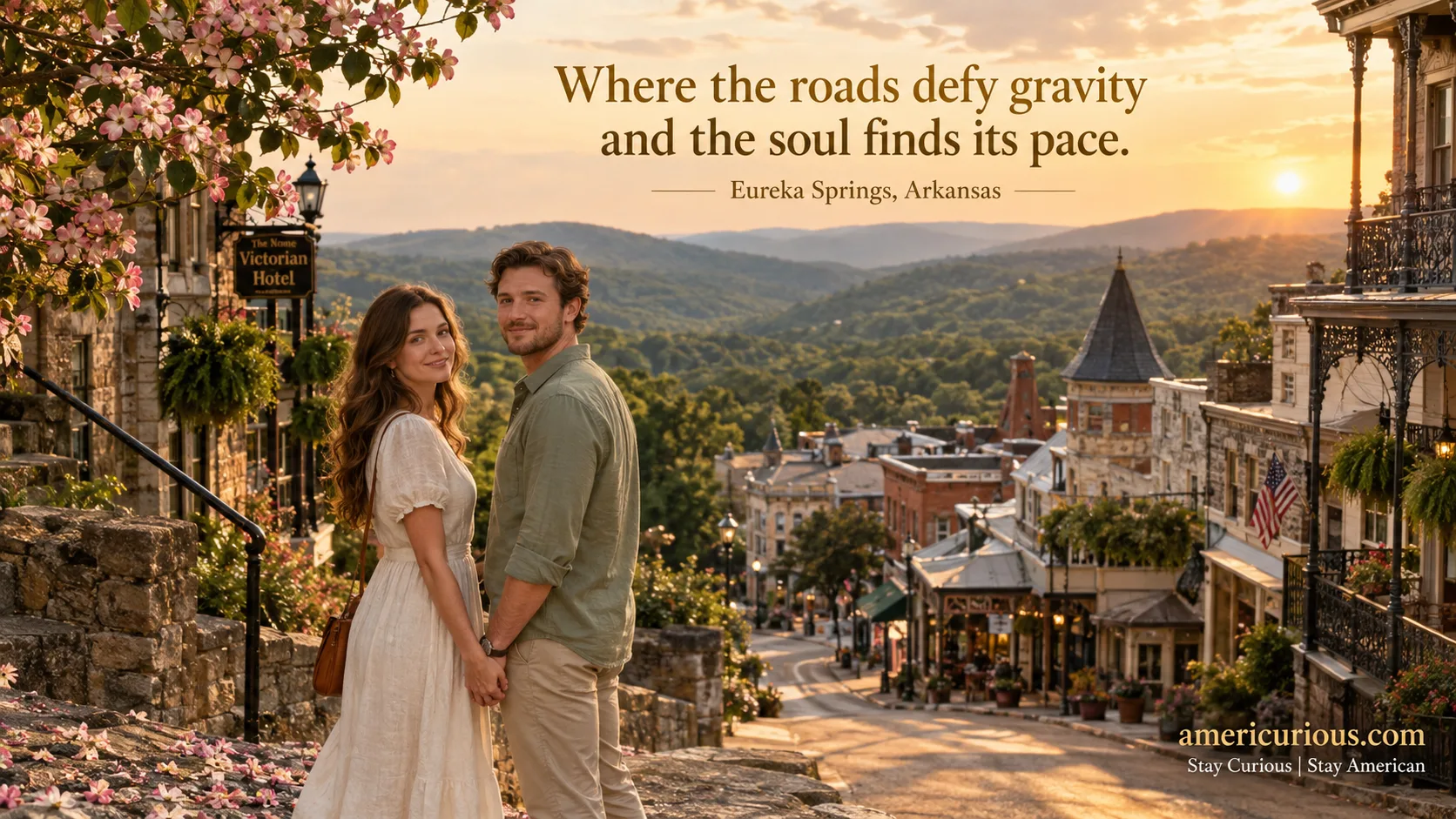 A couple standing on a steep Victorian street in Eureka Springs Arkansas at golden hour, overlooking the Ozark Mountains. Image by americurious.com