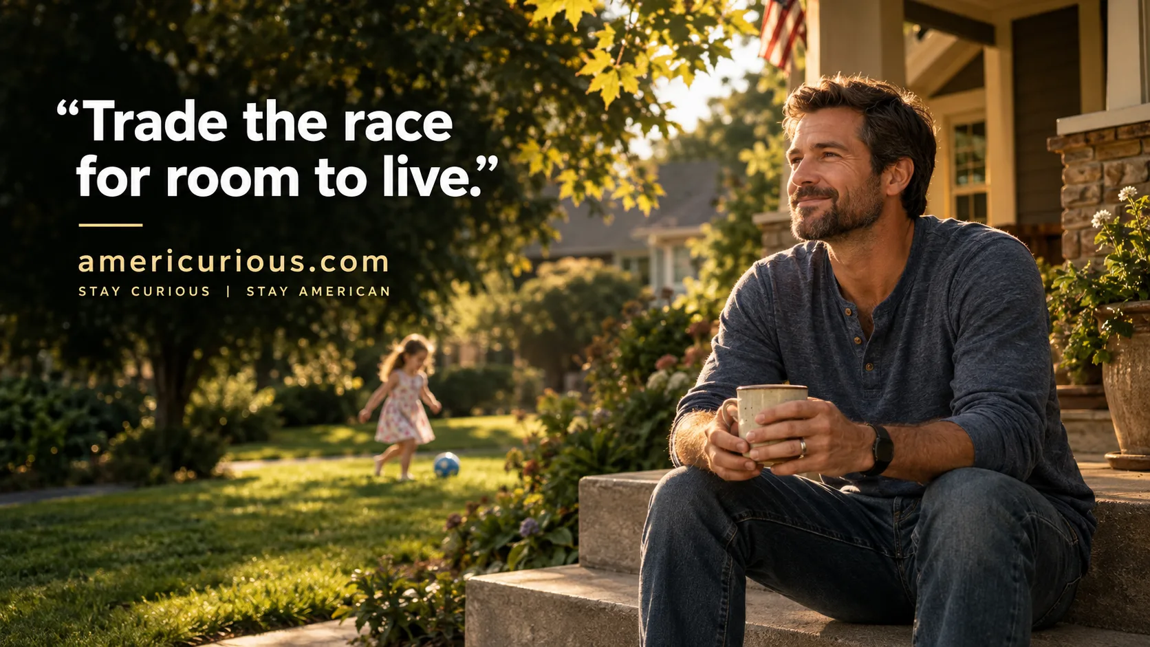 A family enjoying a quiet golden-hour moment on their suburban front porch, illustrating the best affordable U.S. cities to live and work on americurious.com