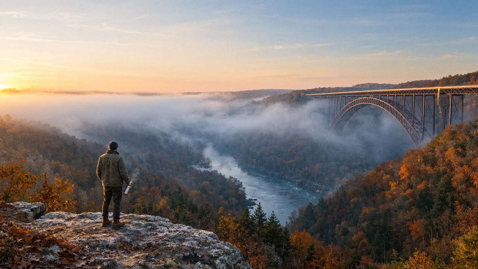 A hiker with a steel thermos watches sunrise from Long Point in the New River Gorge, the arched bridge rising out of fog above peak fall color.