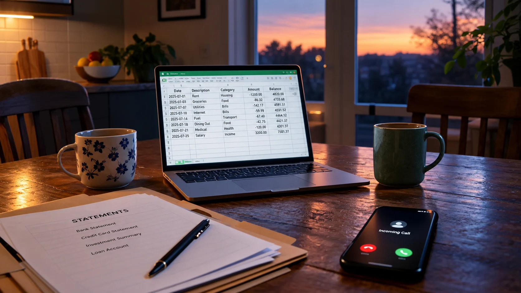 A kitchen table at dusk with a laptop open to a spreadsheet