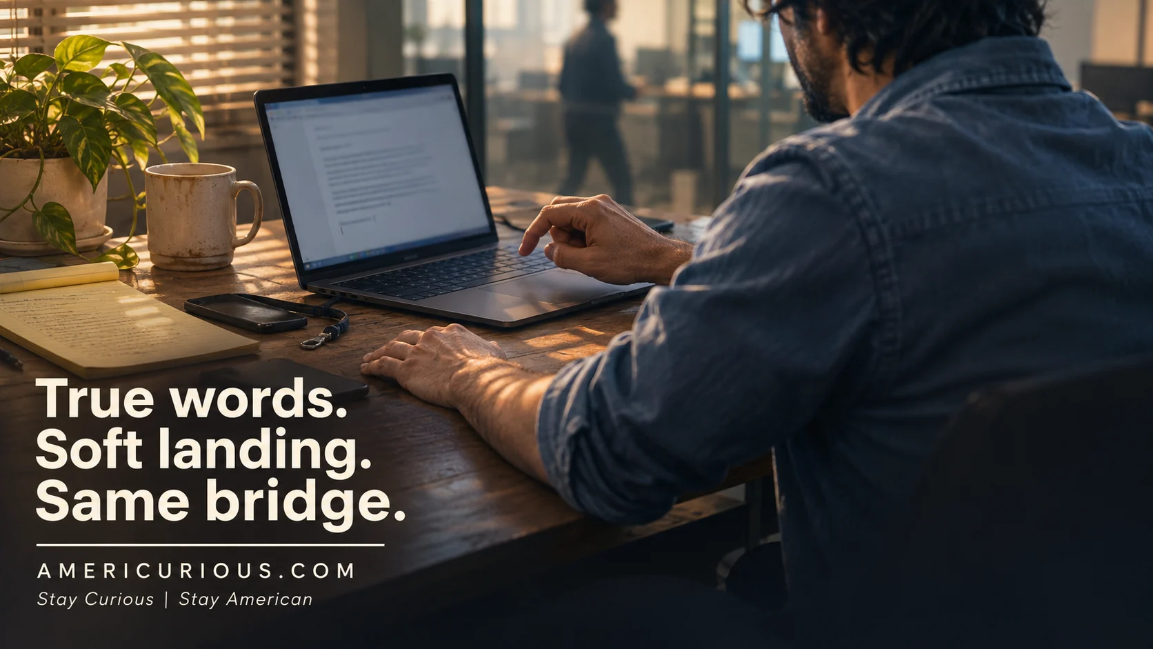 A person's hand hovering over a laptop trackpad in late-afternoon office light, with the headline "True words. Soft landing. Same bridge." and americurious.com branding reading "Stay Curious | Stay American."