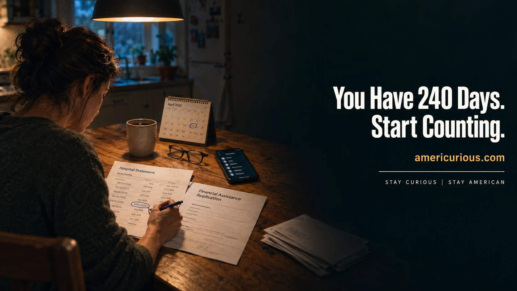 A woman at a lamplit kitchen table circles a date on a hospital bill beside a financial assistance application, a marked calendar, and cold coffee. Americurious.com hero image