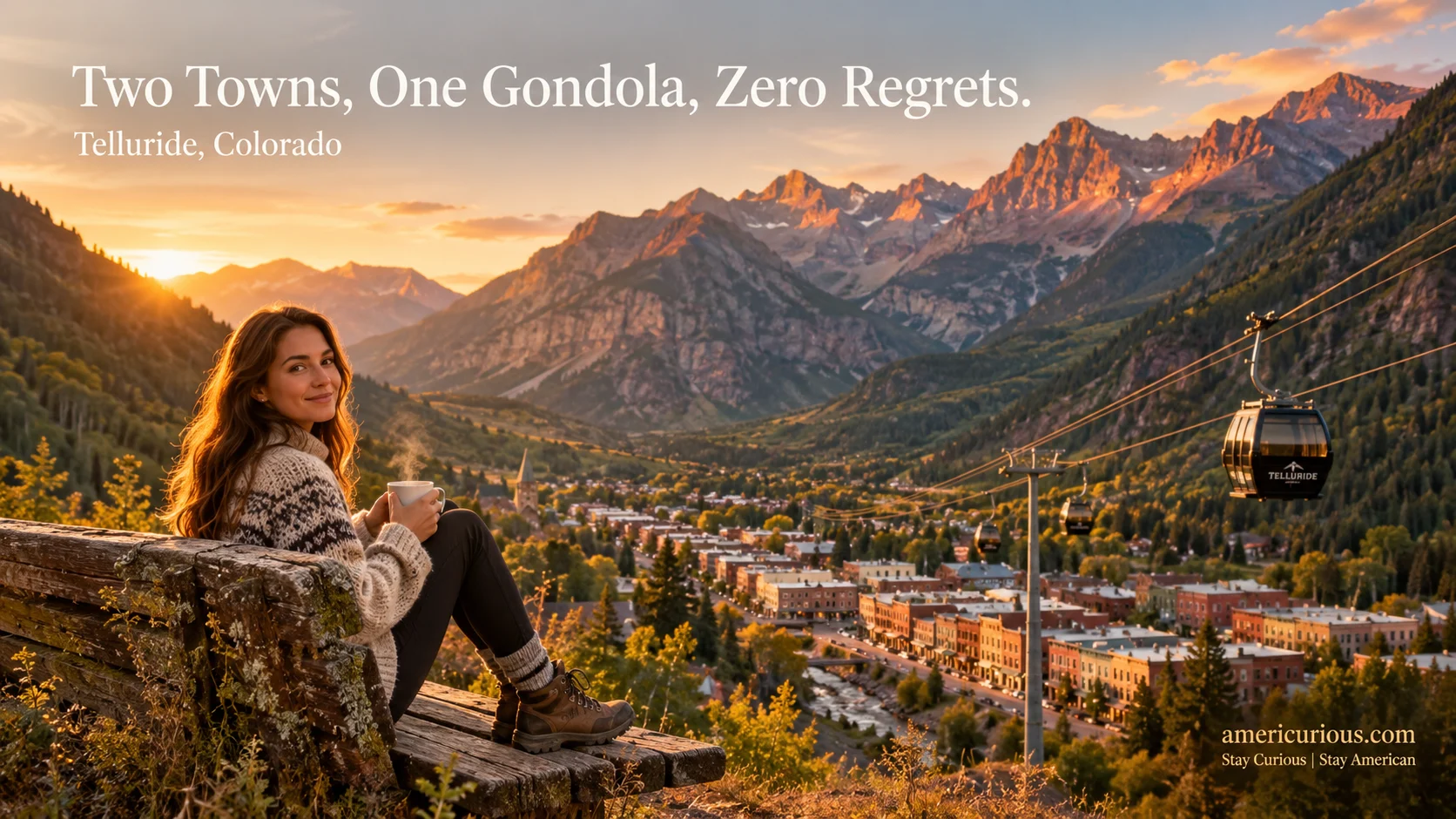 A woman smiles at the camera while sitting on a bench overlooking the historic town of Telluride, Colorado, nestled in a box canyon at sunset, with americurious.com travel guide