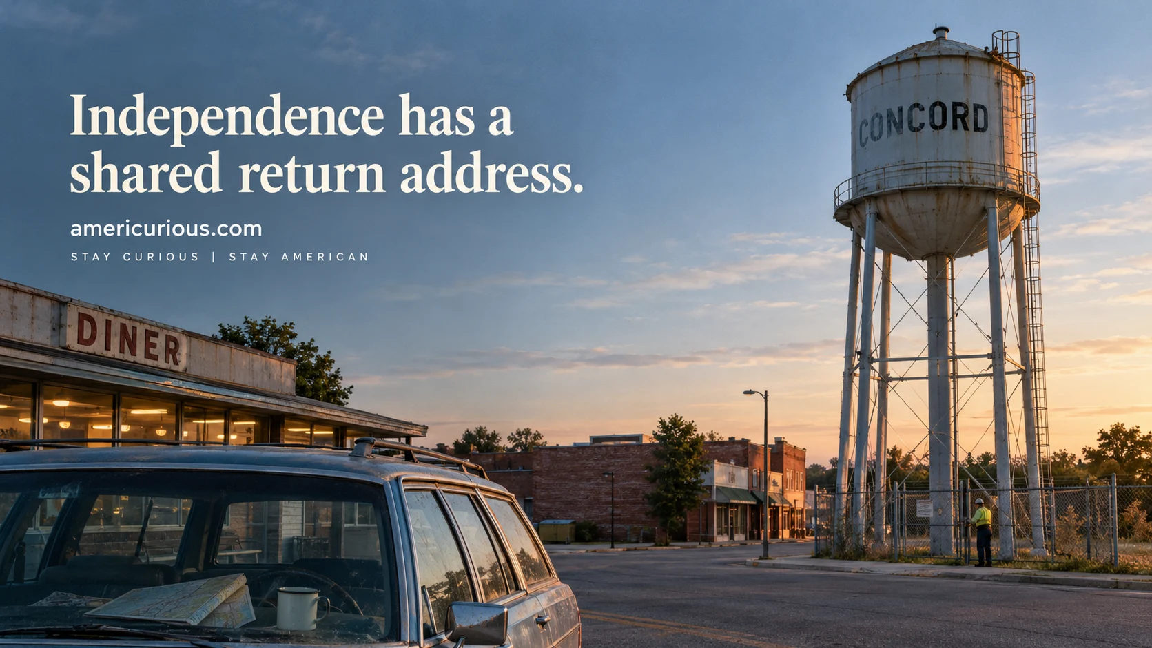 AmeriCurious: A small-town water tower rises beyond a diner and a road-tripper’s station wagon at dawn