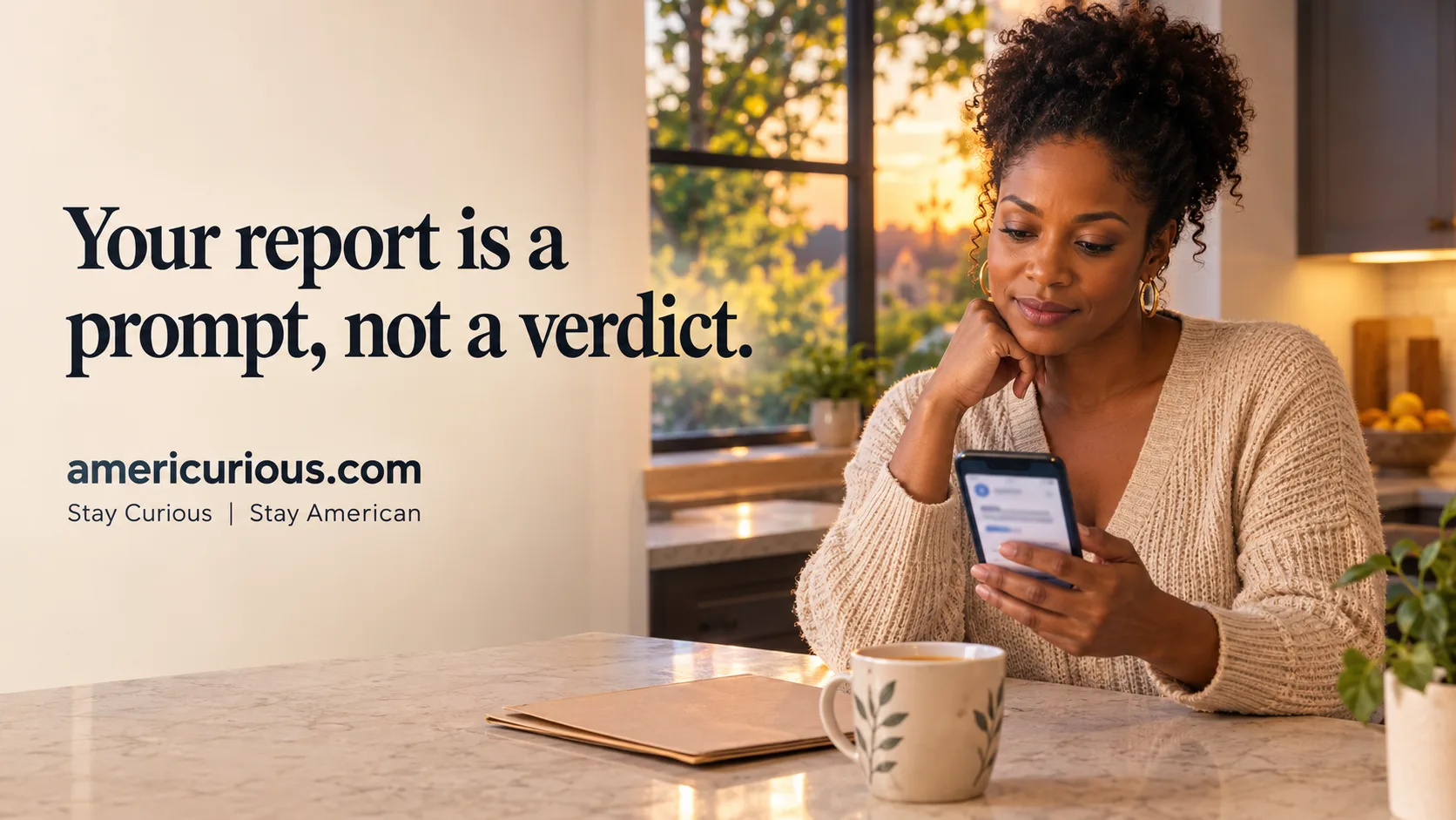 Atlanta woman reviews a mammogram message at home; AmeriCurious highlights calm next steps.