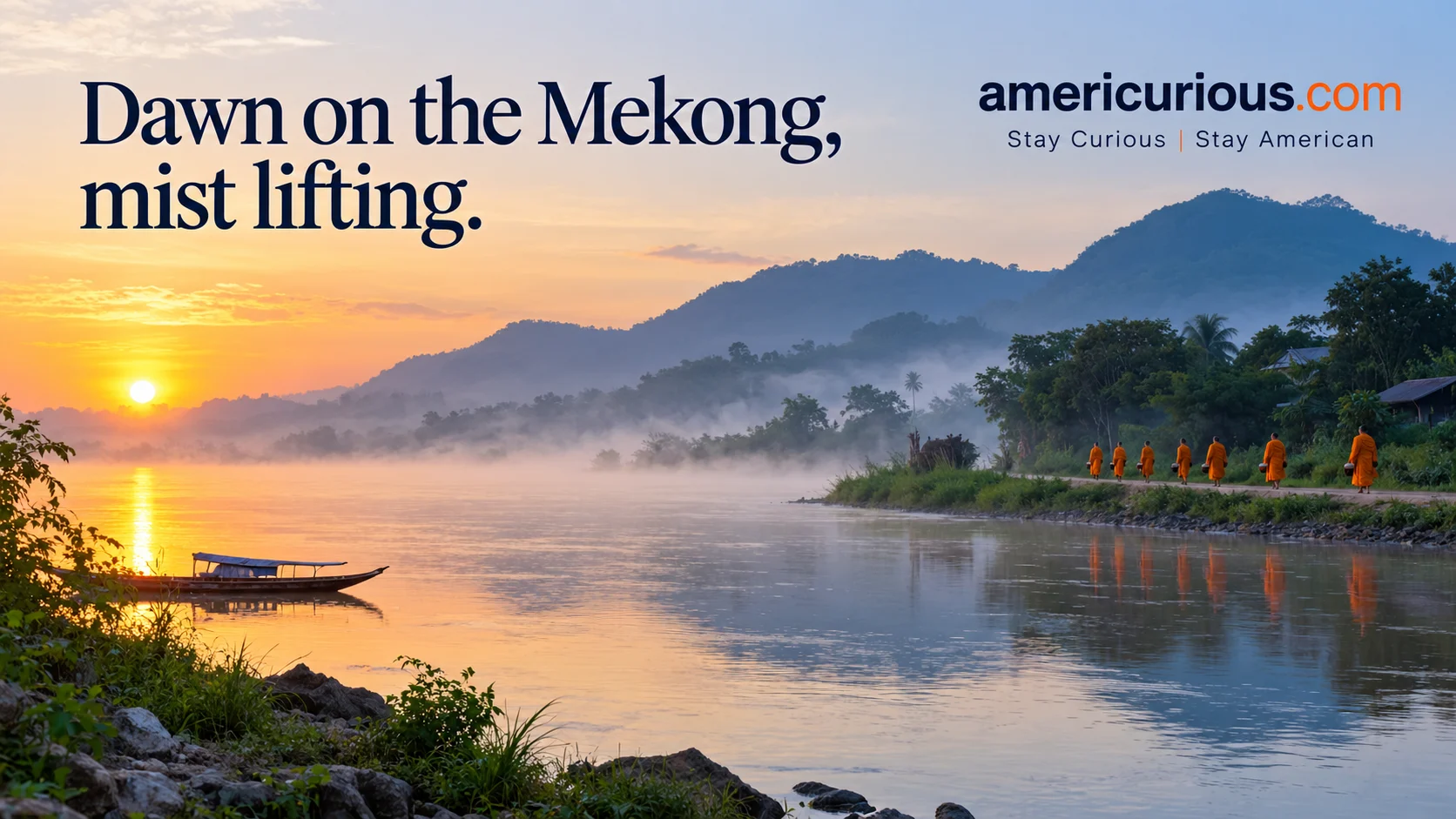 Dawn on the Mekong, mist lifting