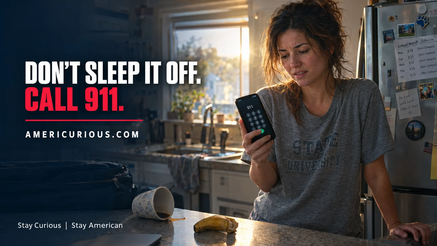 Woman in her 30s steadies herself at a sunlit kitchen counter, thumb over a typed-in 911 on her phone, with the americurious.com message “Don’t Sleep It Off. Call 911.” for World Stroke Day.