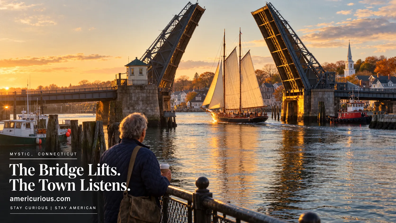Golden-hour view of Mystic, Connecticut, as the 1922 bascule drawbridge lifts to let a wooden schooner pass, with a traveler watching from the waterfront railing.