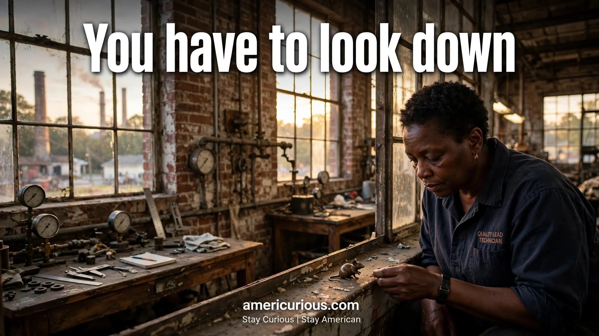 AmeriCurious hero image shows a Greenville quality lead technician discovering a tiny bronze Mice on Main sculpture in a converted textile mill at golden hour — americurious.com Stay Curious | Stay American