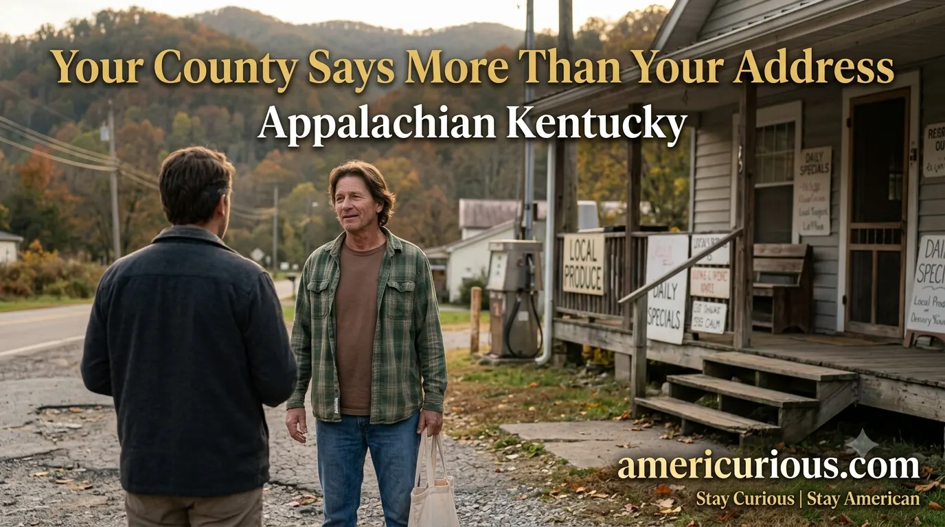 Kentucky county culture in Appalachian Kentucky as locals talk outside a community storefront, americurious.com