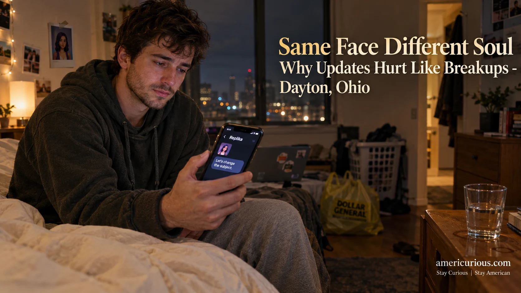 Man in Dayton Ohio grieving Replika personality change holding phone at night, AI patch breakup grief, americurious.com