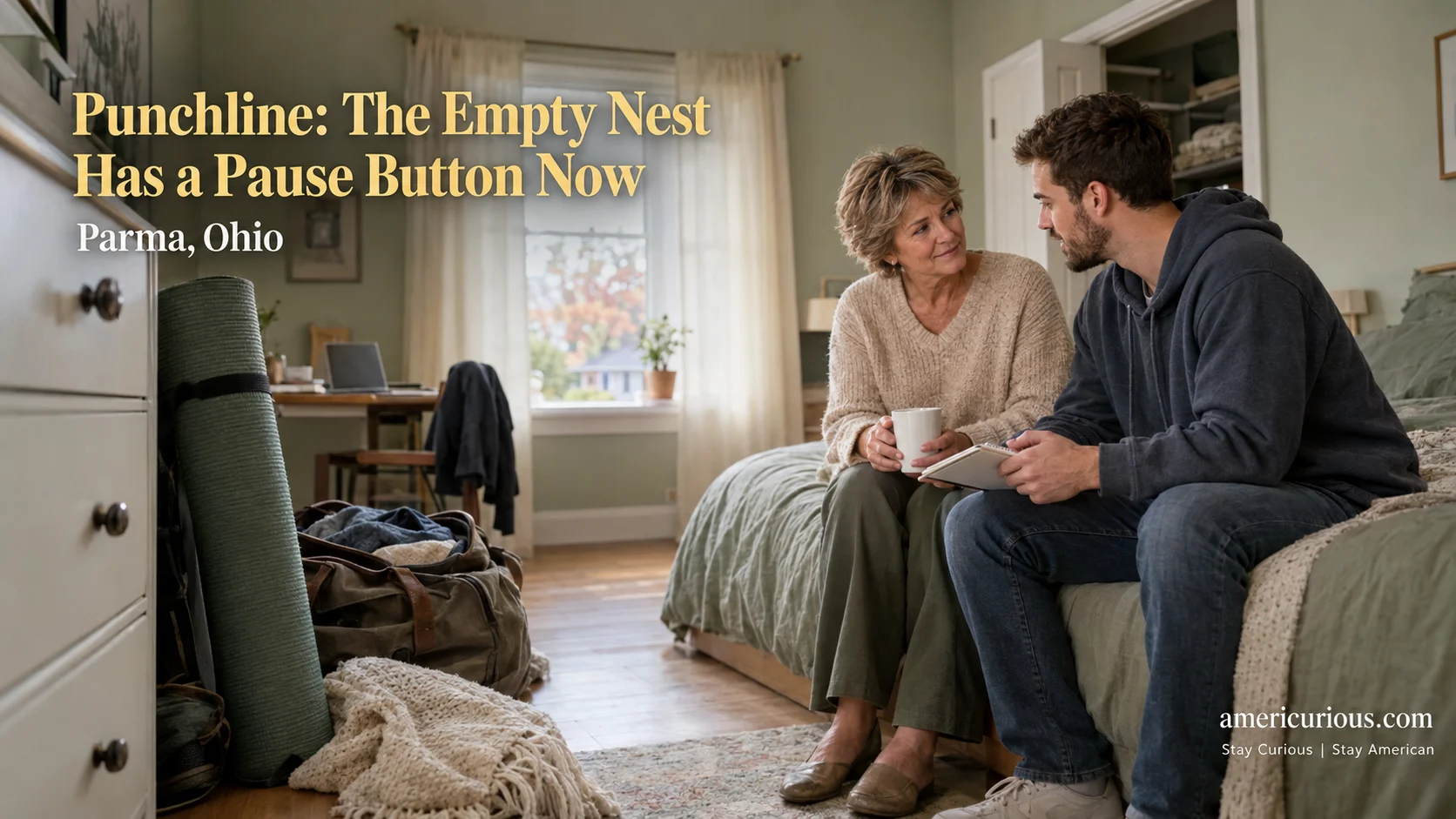 Mother and adult son talking calmly in small Parma Ohio bedroom turned from yoga studio, boomerang kids story americurious.com