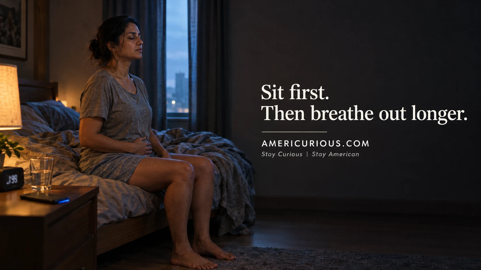 A woman in her late thirties sits on the edge of an unmade bed at 2:40 a.m., palm on her belly, eyes closed mid-exhale, a face-down phone glowing blue on the nightstand — the hero image for americurious.com's guide to breathing exercises for anxiety.
