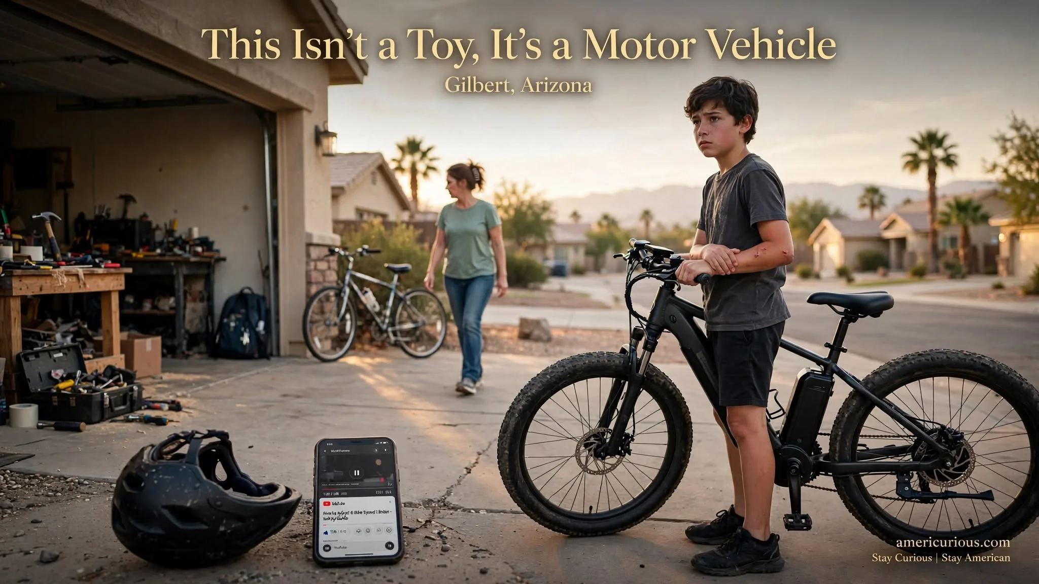 Teen boy beside e-bike in Gilbert driveway after e-bike accident lawsuit, helmet on ground americurious.com