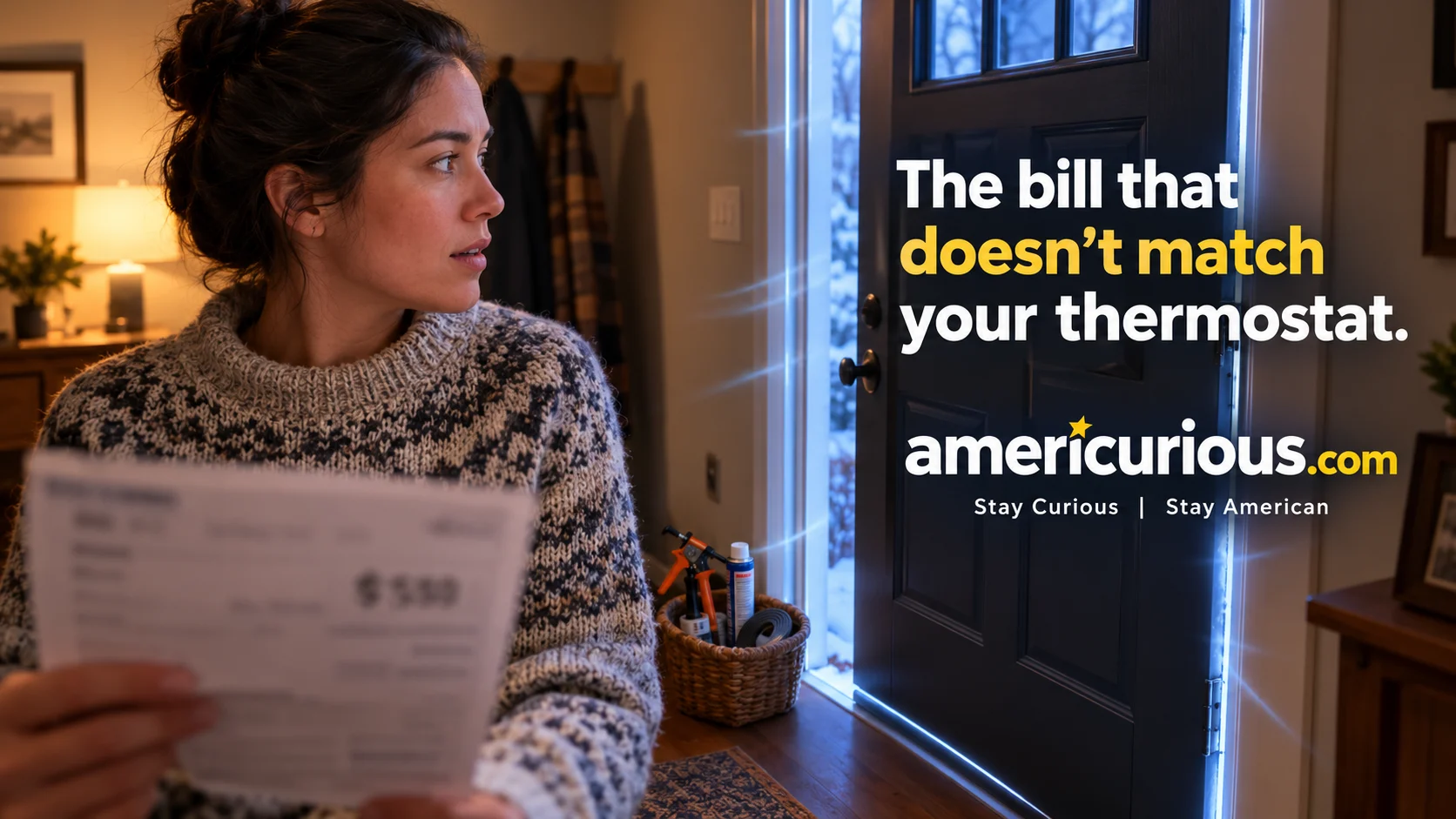 A person in a cozy winter sweater standing in a modest American entryway at dusk, holding an open utility bill with a visible but not readable dollar amount, looking toward a slightly ajar front door with cold air visualized as faint light leak lines around the door frame.