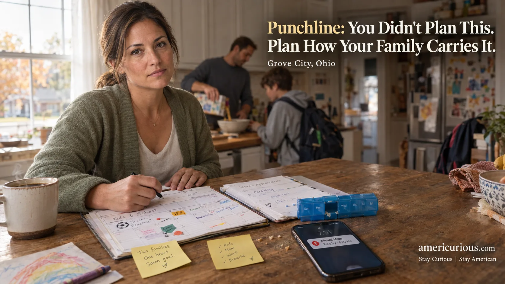 Woman at kitchen island with two calendars and pill organizer, sandwich generation morning, americurious.com