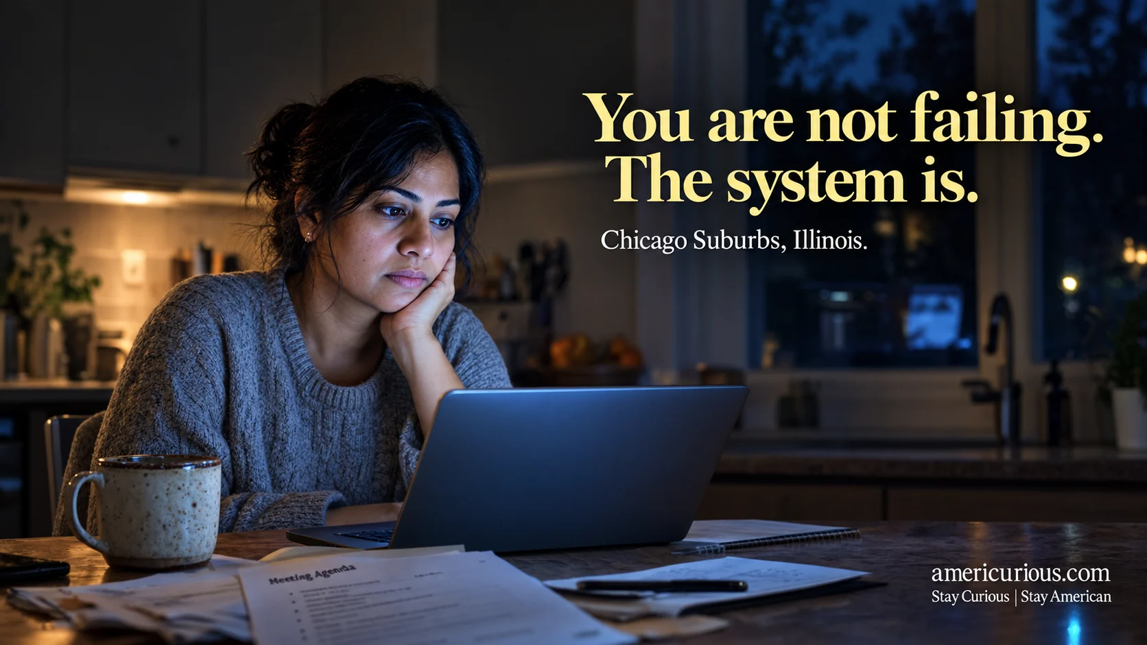 Woman in Chicago suburbs kitchen at night, blue laptop glow on face, illustrating quiet cracking middle manager burnout for americurious.com