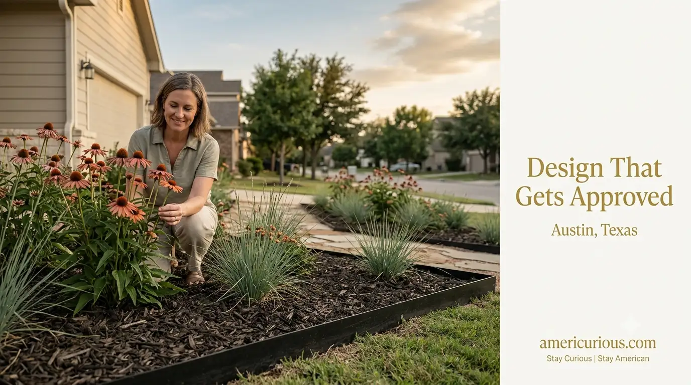 Woman inspecting a tidy, HOA-compliant native garden with crisp edges and mulch at golden hour, americurious.com