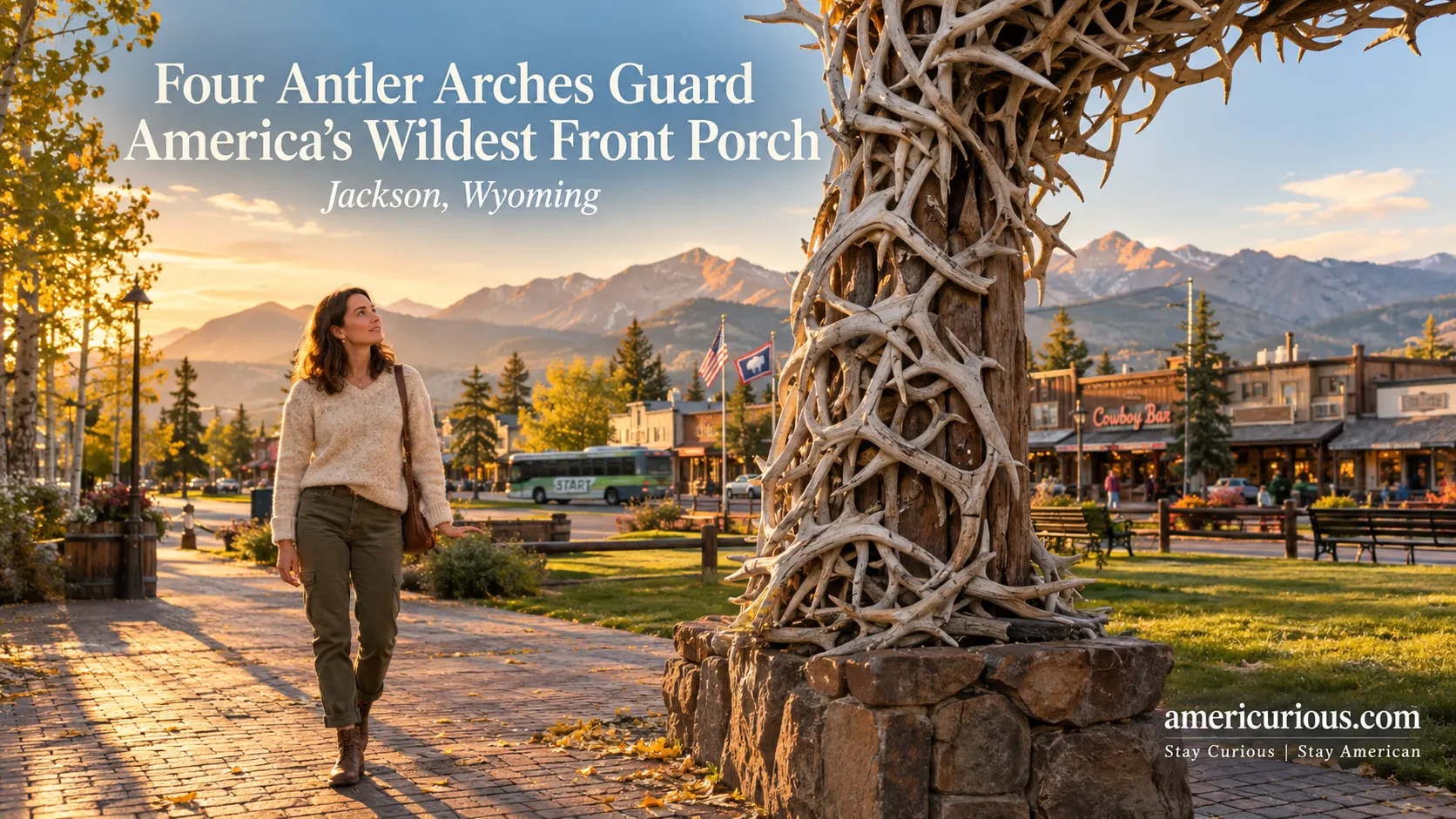 Woman under elk antler arch at Jackson Town Square sunrise, Jackson Wyoming travel guide, americurious.com