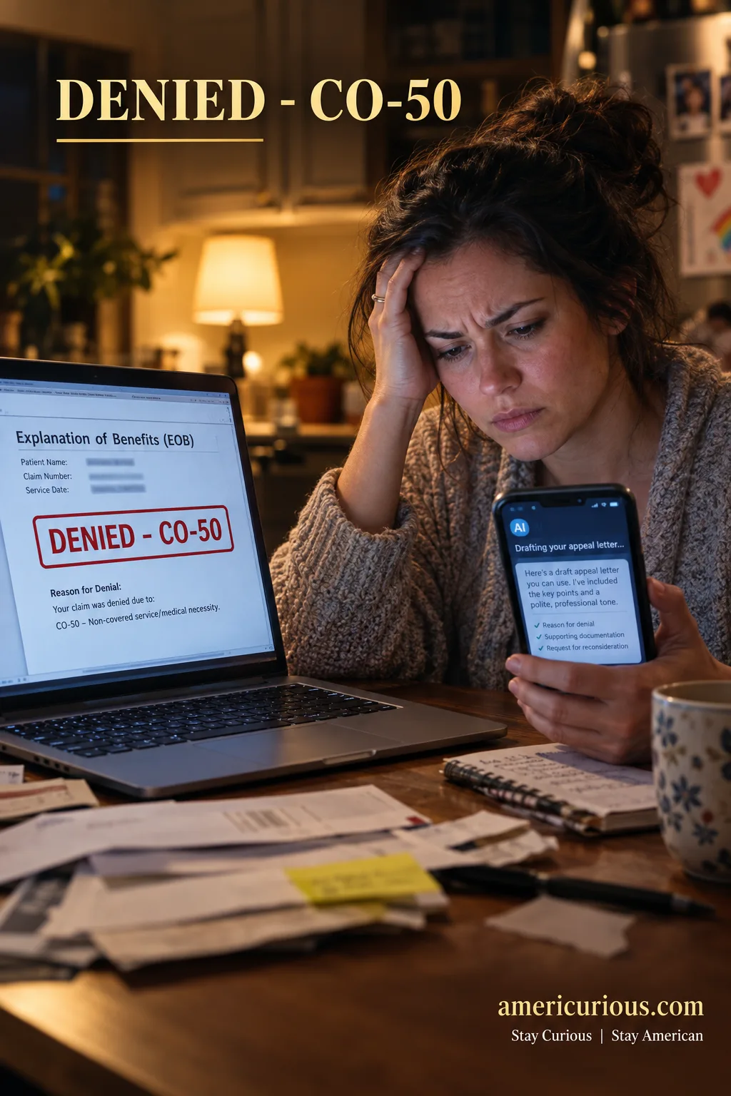a frustrated millennial mom with laptop open with EOB letter showing DENIED - CO-50
