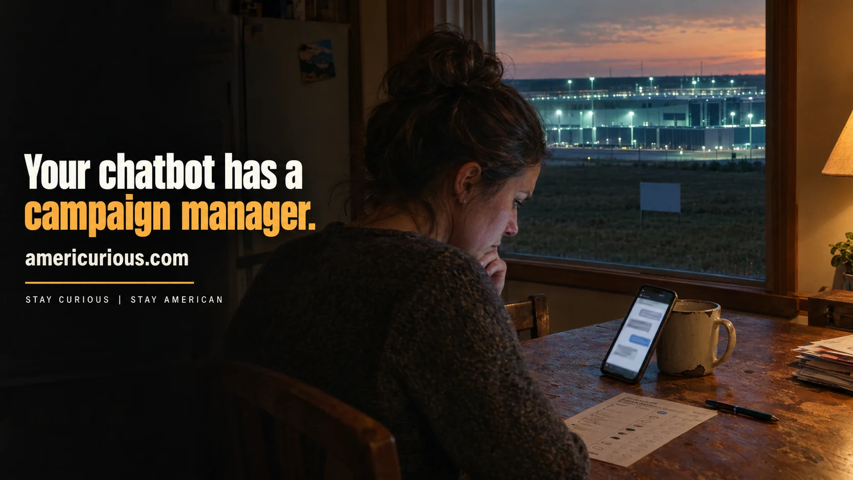 Americurious hero image: a voter at a dusk kitchen table asks a phone chatbot about her ballot as a data center glows outside. “Your chatbot has a campaign manager.”