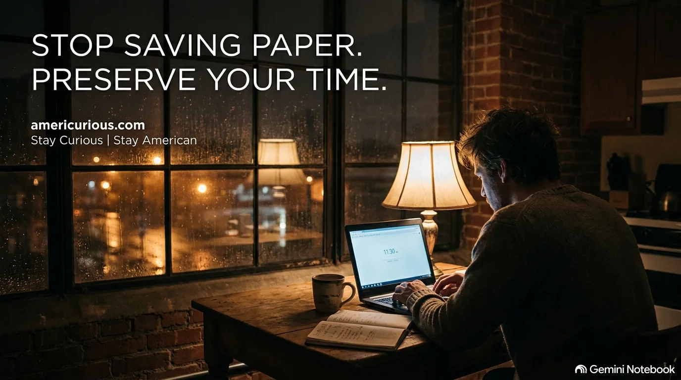 Visualizes a man's exact moment of realization—sitting at his wooden kitchen table late at night in his brick Lakewood apartment, laptop glowing at 11:30 PM, coffee mug beside his notes, looking out past a rain-streaked window into the quiet streetlights.