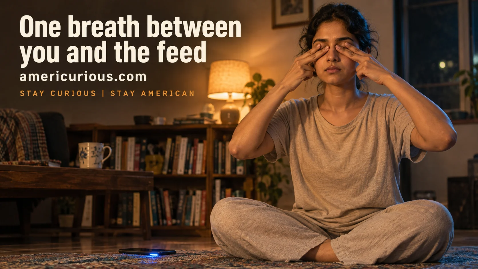 A woman sits cross-legged on her apartment floor at night, thumbs closing her ears and fingers over her eyes in the yoga gesture of pratyahara while her phone glows face-down on the rug beside her — americurious.com hero image for how to stop doomscrolling.