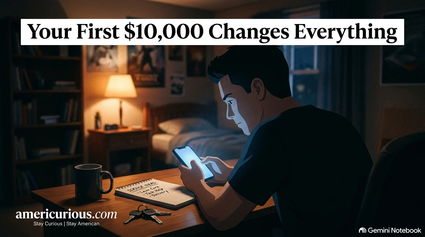 An 18-year-old student sitting at a late-night desk illuminated by a smartphone screen, featuring the quote 'Your First $10,000 Changes Everything' and americurious.com branding.