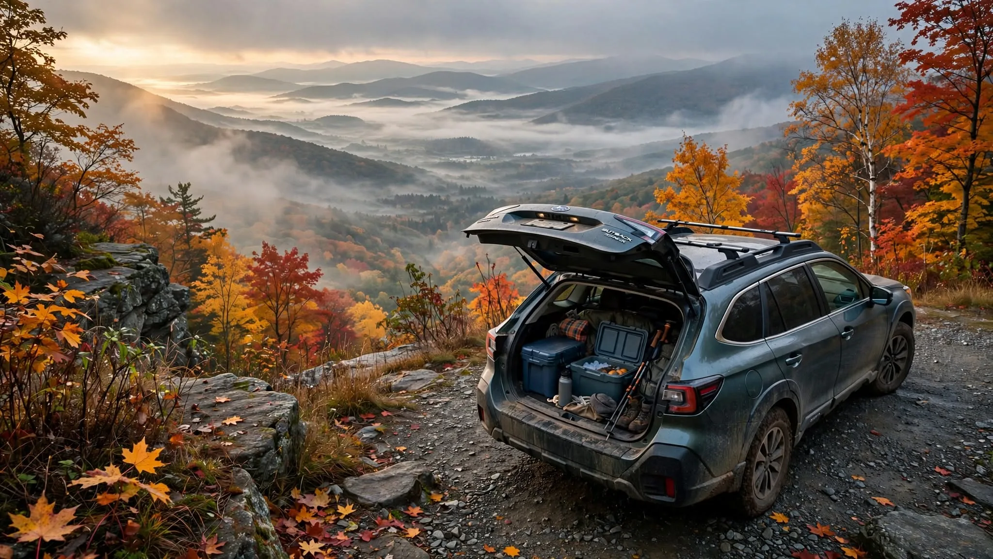 Asphalt Atlas hero — misty Hudson Valley overlook, fall color firing on all sides, and that dirty Outback trunk popped open with the cooler and trail gear ready. Exactly the 2-hour rebellion against JFK we wrote about.