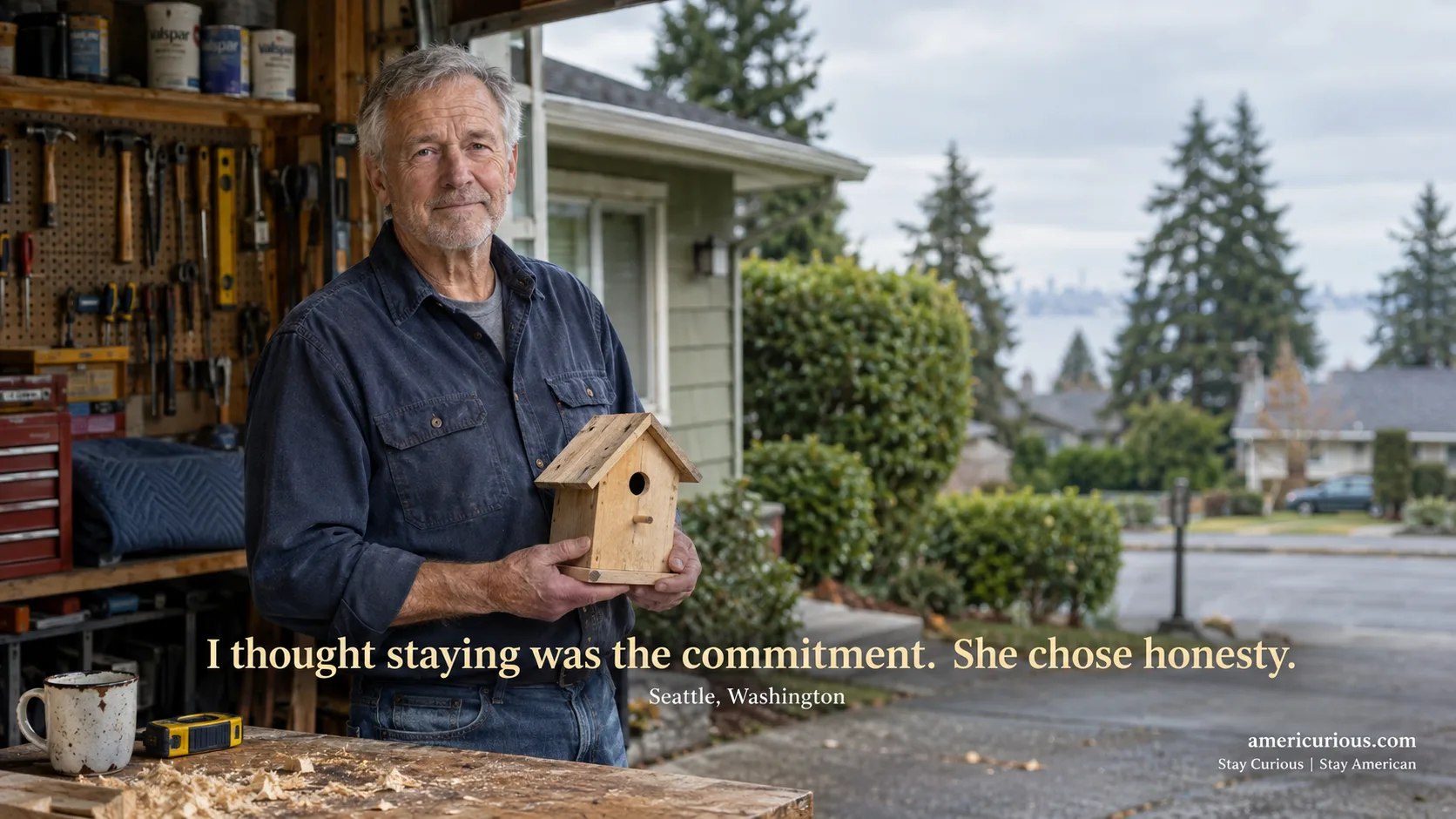 old man holds handmade birdhouse in Seattle garage after gray divorce