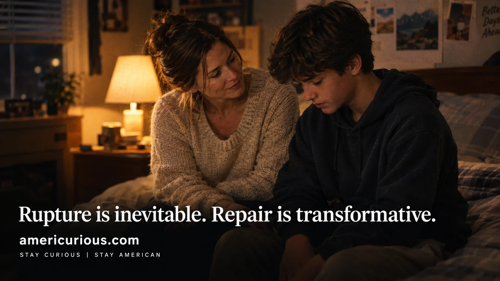 photograph capturing a quiet, deeply intimate moment of mother-son connection in a suburban American bedroom