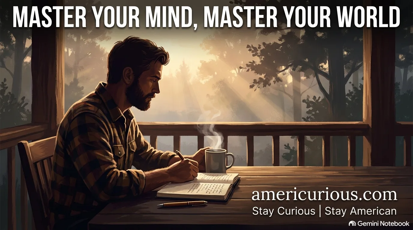 A man sits on a wooden porch at dawn writing in a journal beside a steaming coffee mug, with the text 'Master Your Mind, Master Your World' and 'americurious.com - Stay Curious | Stay American'.