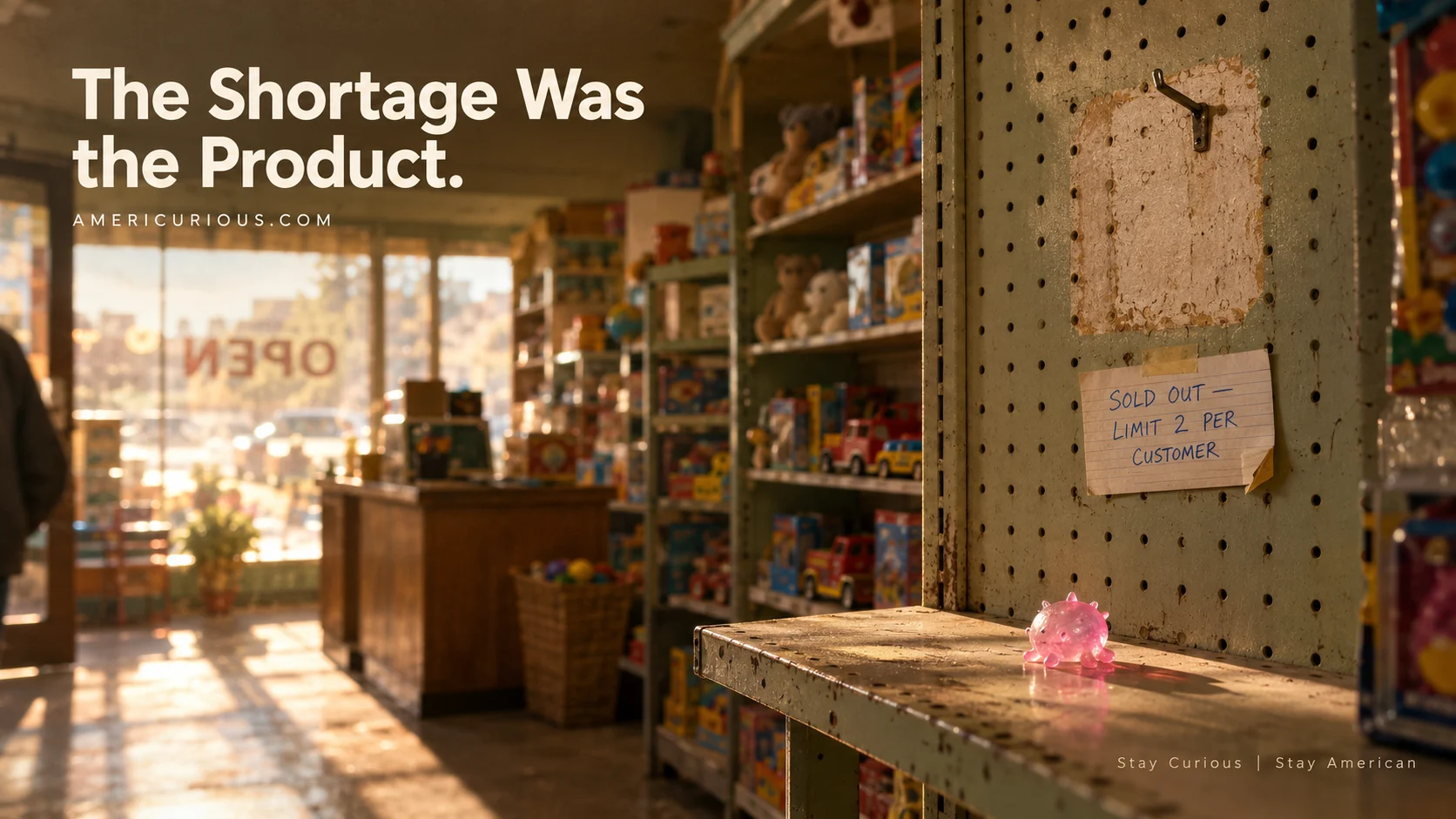 Near-empty toy store shelf with a handwritten "Sold Out" card and a single pink squishy left behind — AmeriCurious.com hero image for AmeriNow on the NeeDoh shortage