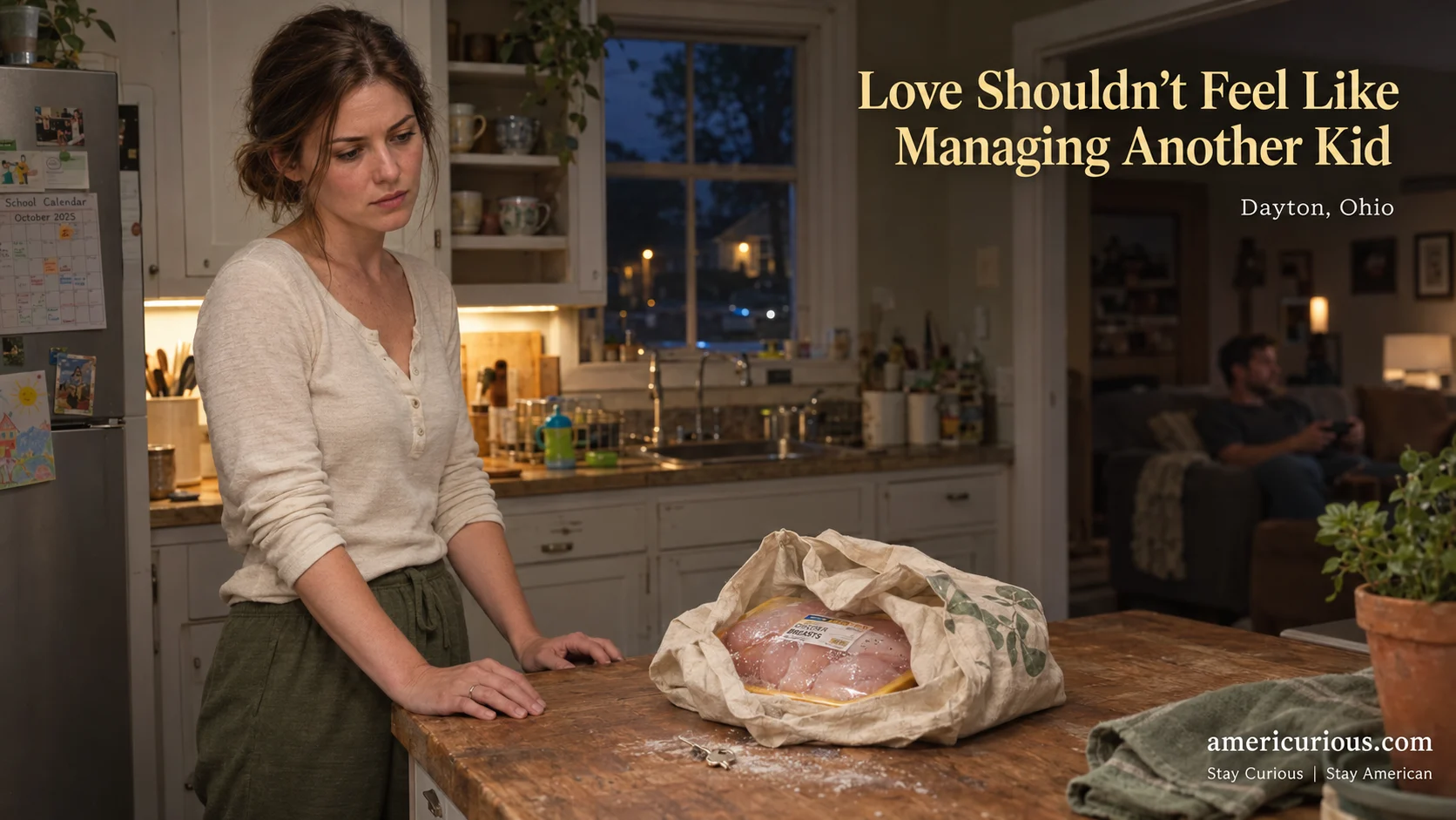 Close-up of wife in Ohio kitchen with untouched chicken bag showing man child husband pattern americurious.com
