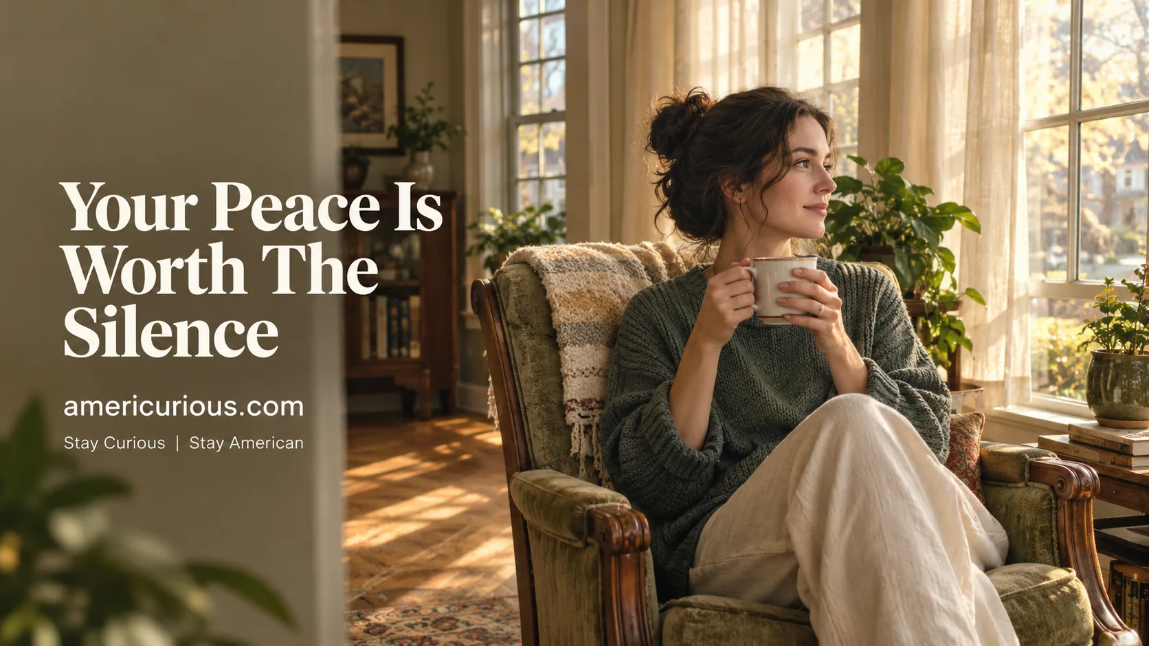 woman sits peacefully in a vintage armchair